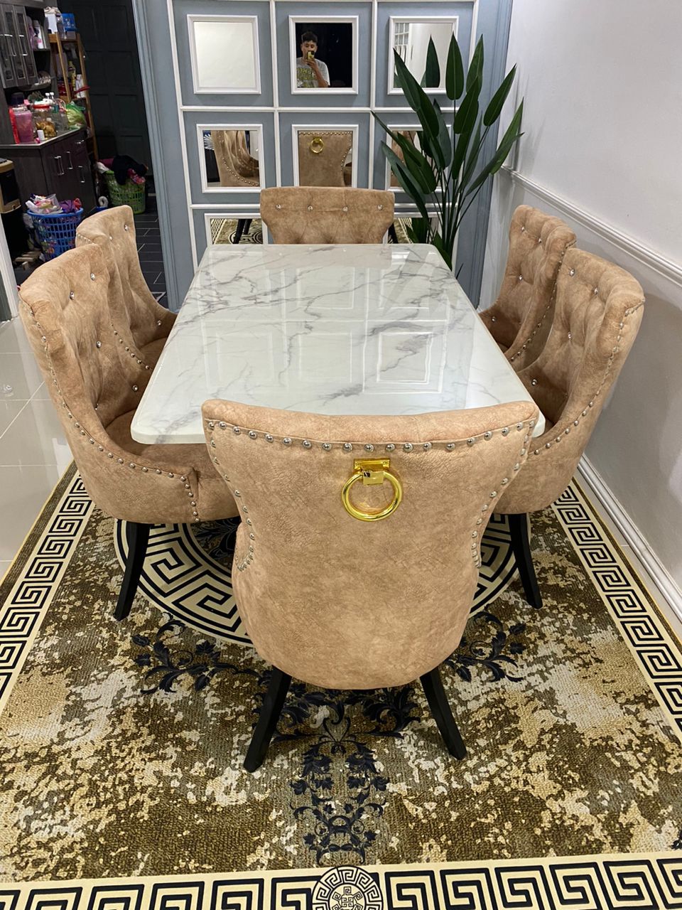 Butterfly marble dining set front view with velvet chairs