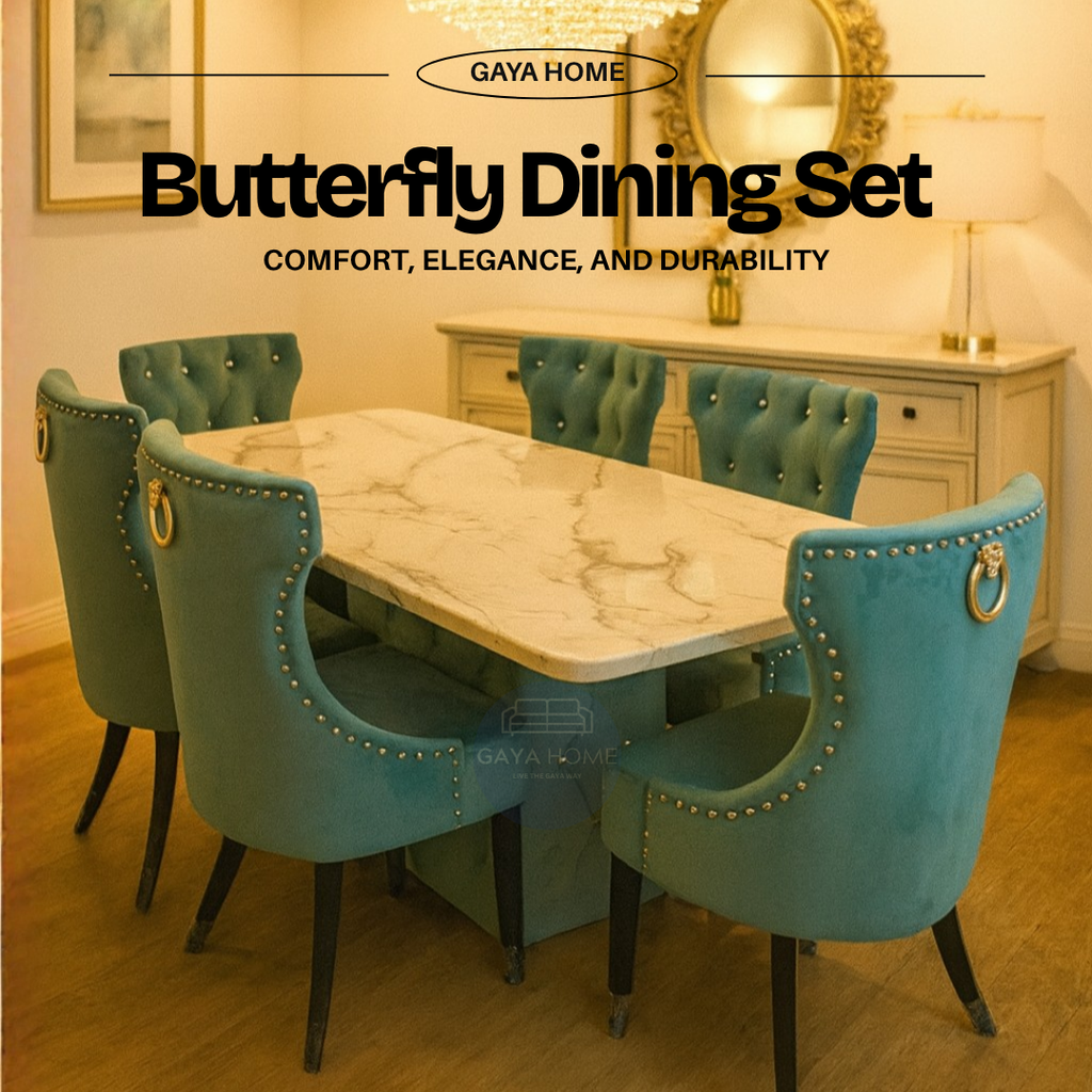 Butterfly marble dining set with teal velvet chairs and table top graphic