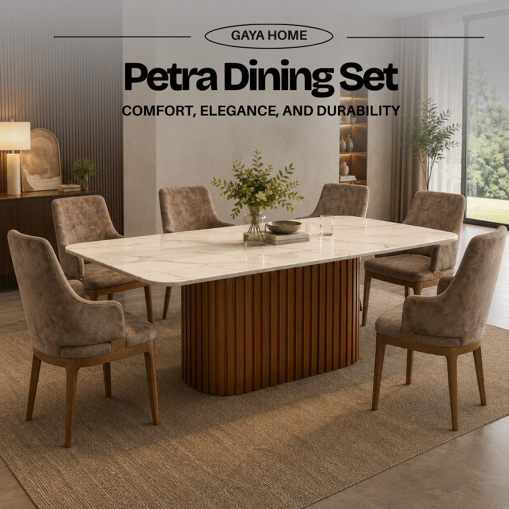 Petra luxury dining set with Poko marble table and six Axis dining chairs in brown upholstery