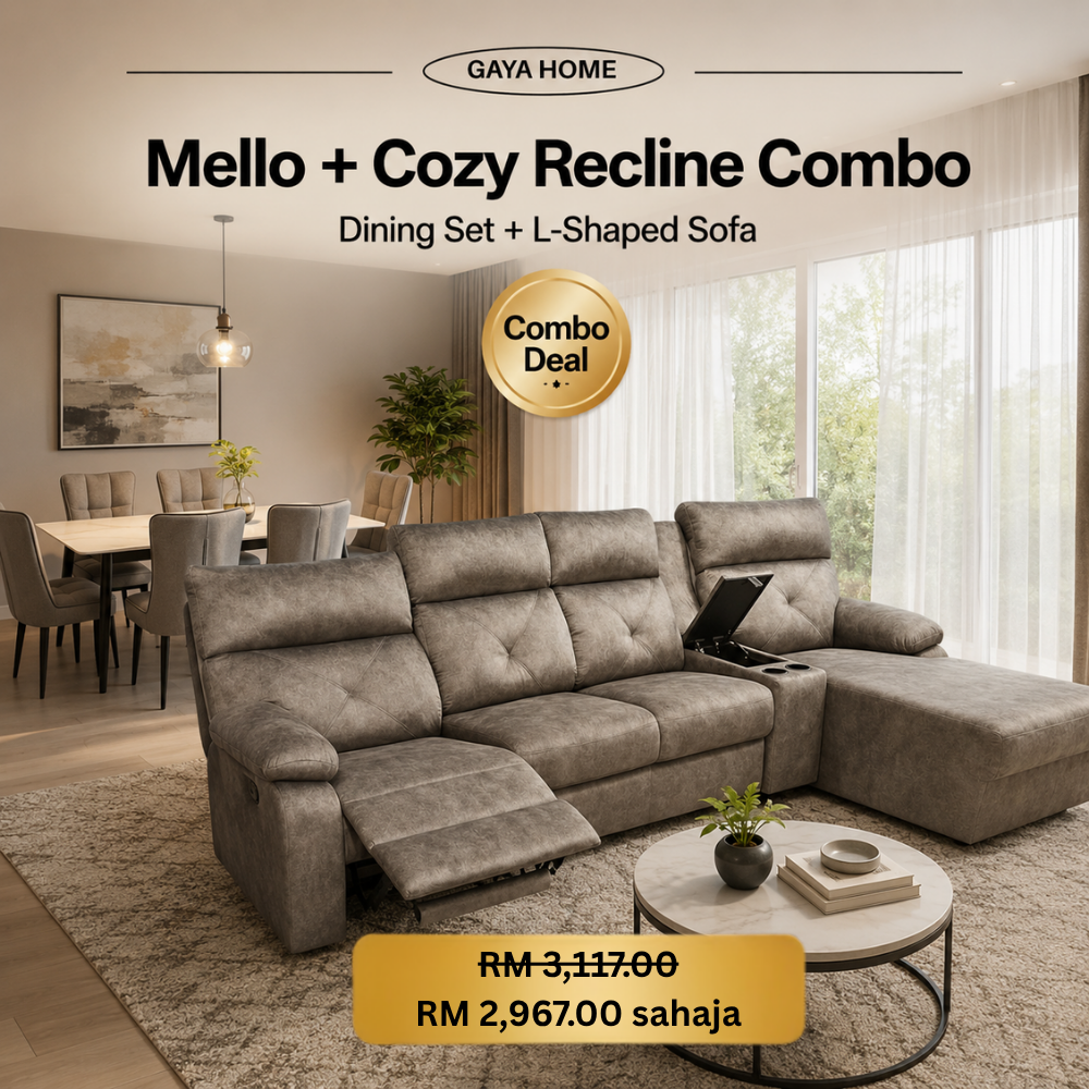Mello and Cozy Recline sofa dining set combo deal with grey L-shaped recliner sofa