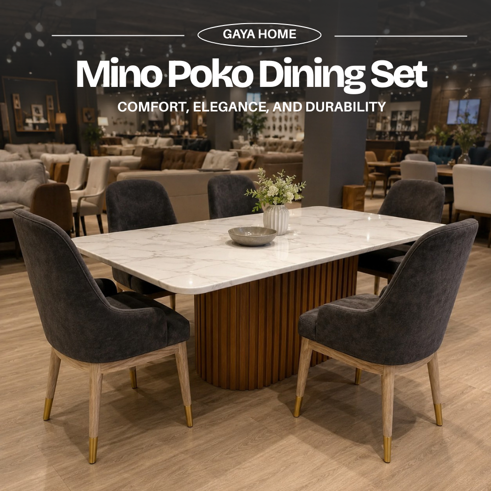 Mino Poko dining set showroom view with wooden base table and dark dining chairs