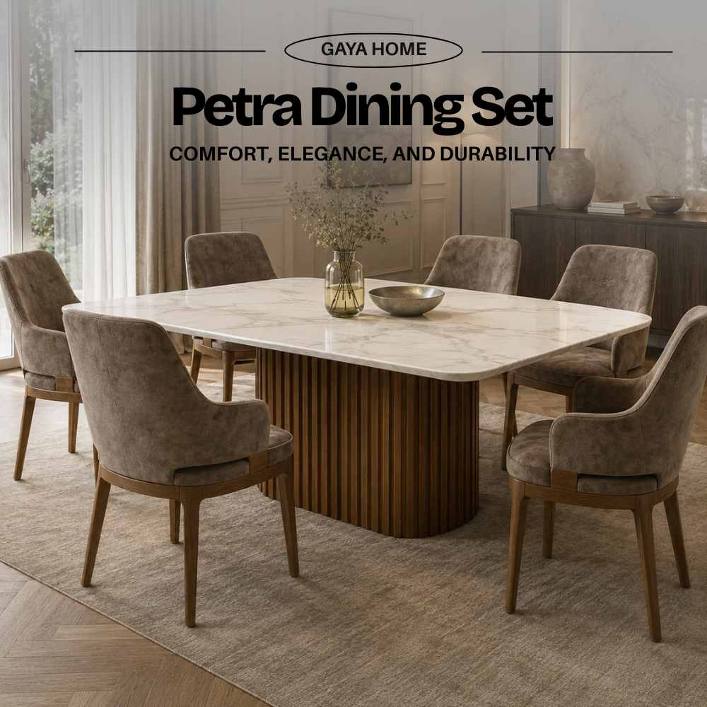 Petra dining set close room view with marble dining table and Axis upholstered chairs