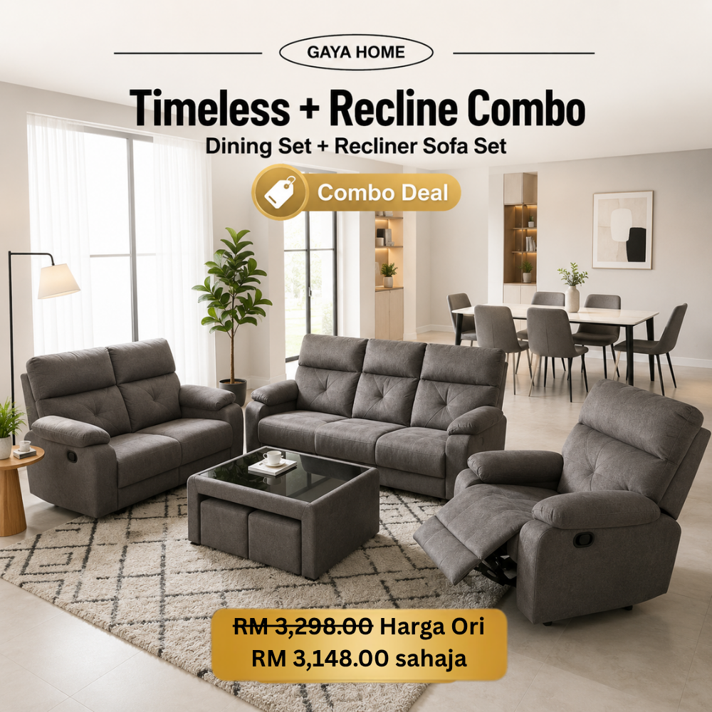 Timeless dining set and grey recliner sofa set combo deal for living and dining room