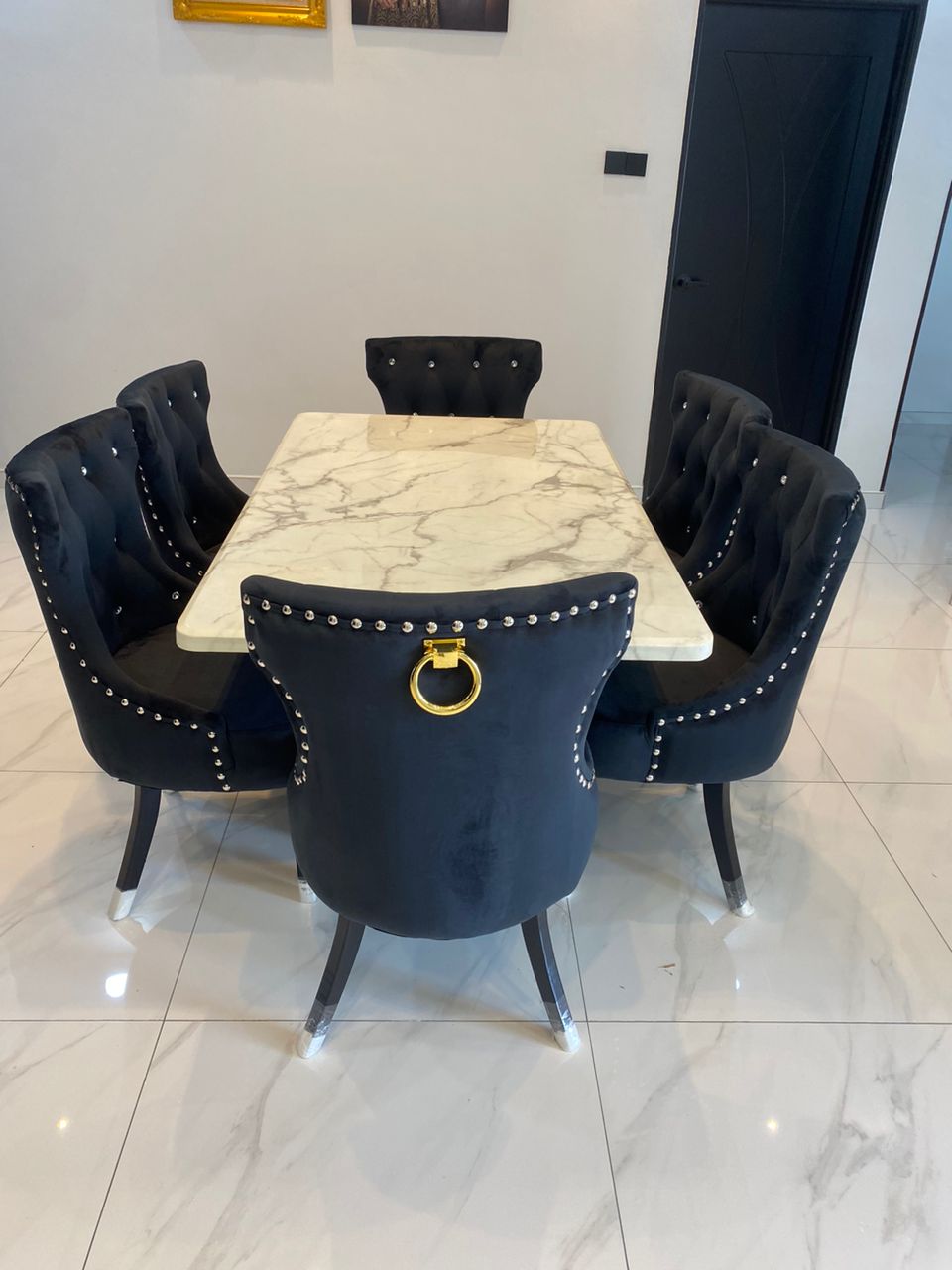 Black velvet Butterfly dining set with marble table front view