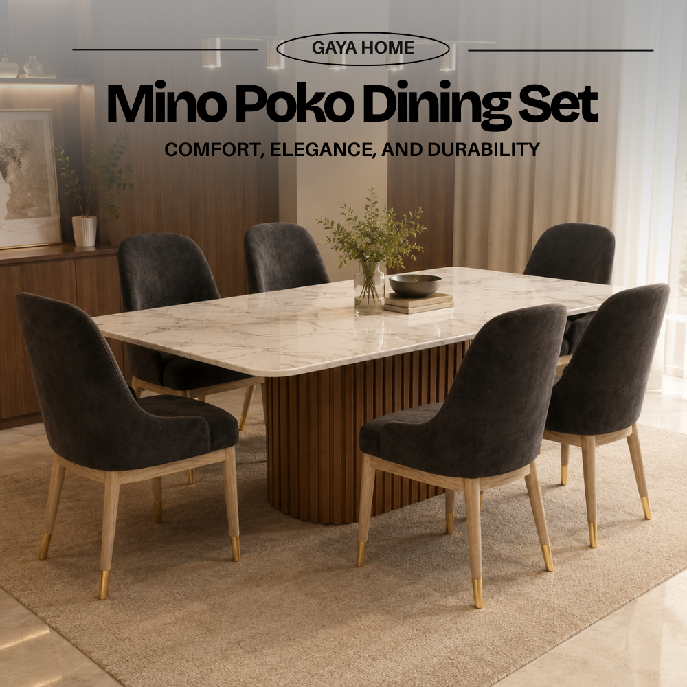 Mino Poko dining set lifestyle image with wooden base table and six chairs