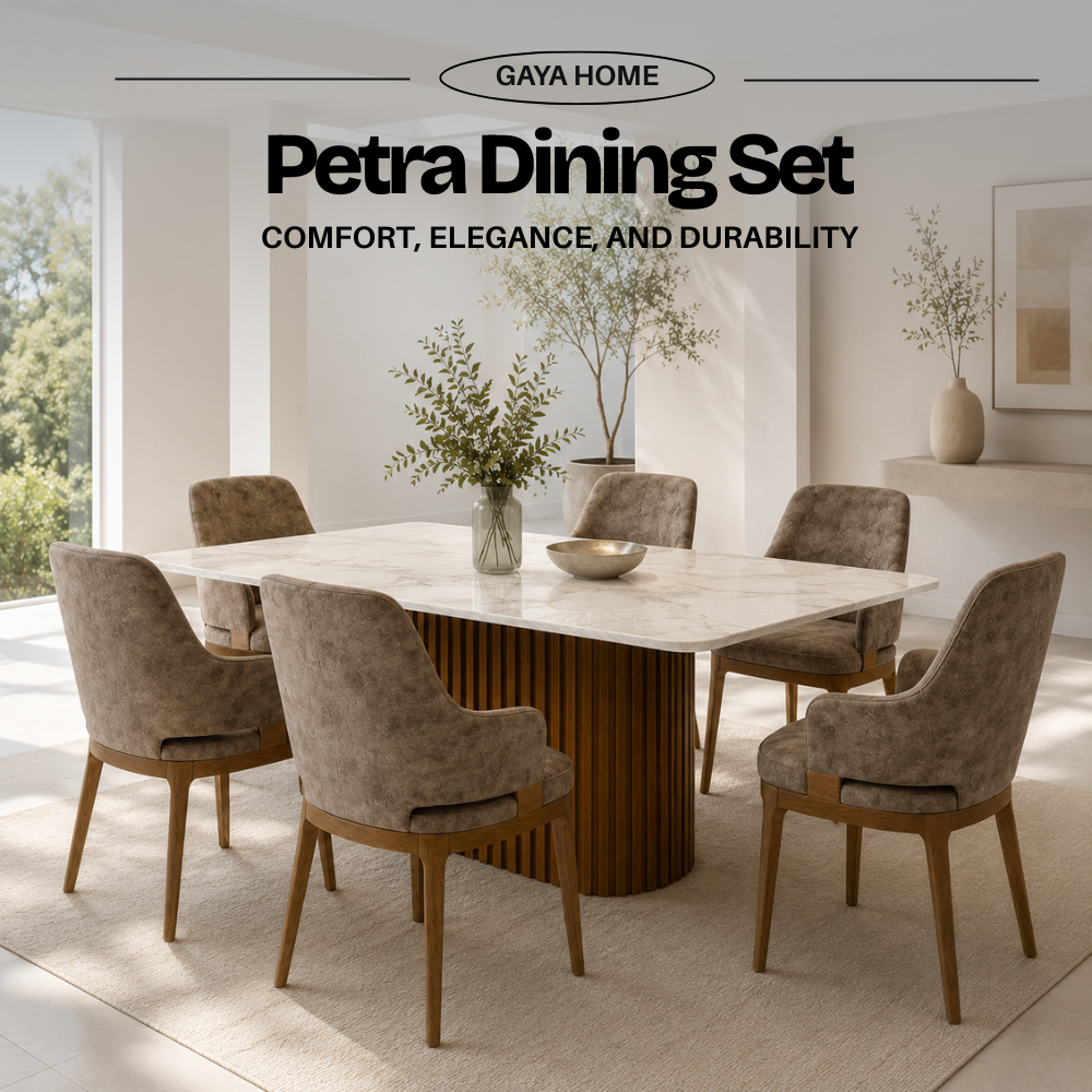 Petra dining set in bright dining room with Poko wooden base marble table and six chairs