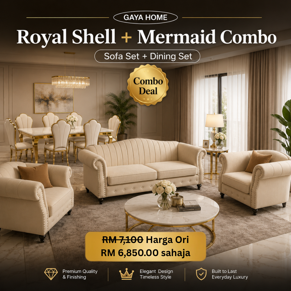Royal Shell sofa set and Mermaid dining set combo deal in cream luxury style