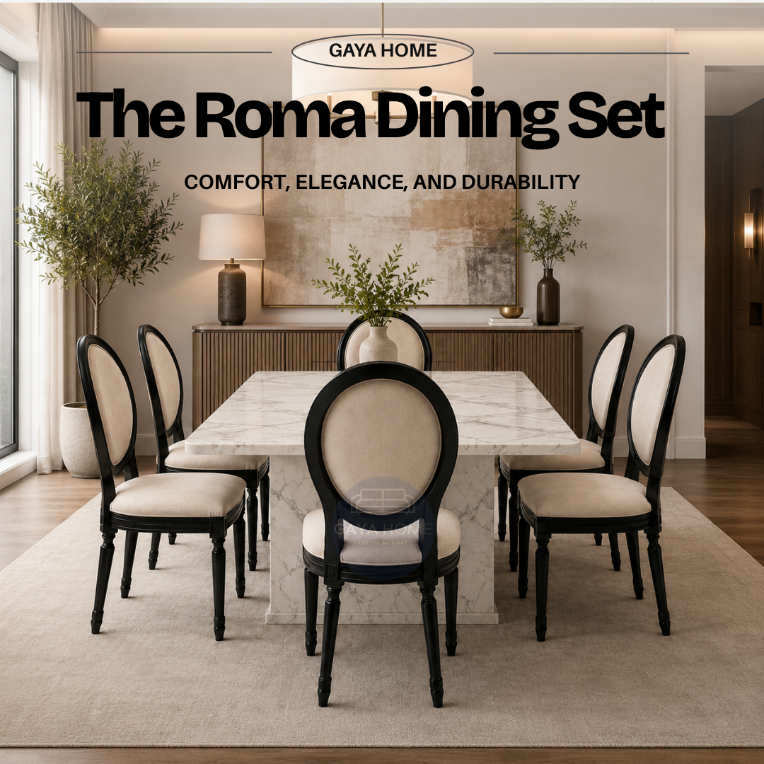 The Roma Dining Set (C248) | Luxury Marble Top Table with Neo-Classical Medallion Chairs