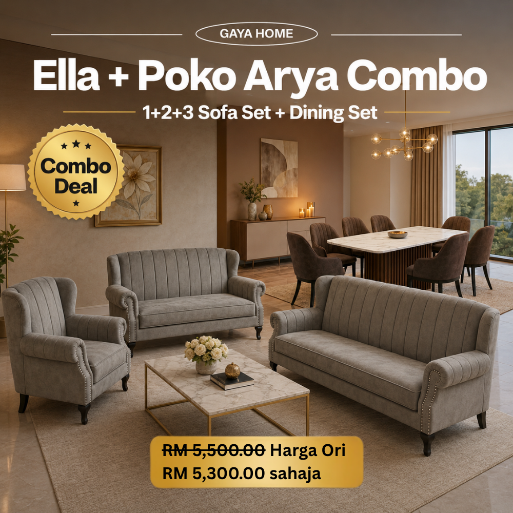 Ella 1+2+3 sofa set and Poko Arya dining set combo deal in grey upholstery