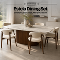 Estela dining set with Poko marble table and six Koda minimalist dining chairs