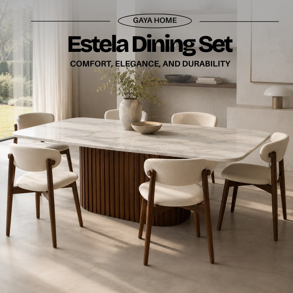 Estela dining set with Poko marble table and six Koda minimalist dining chairs