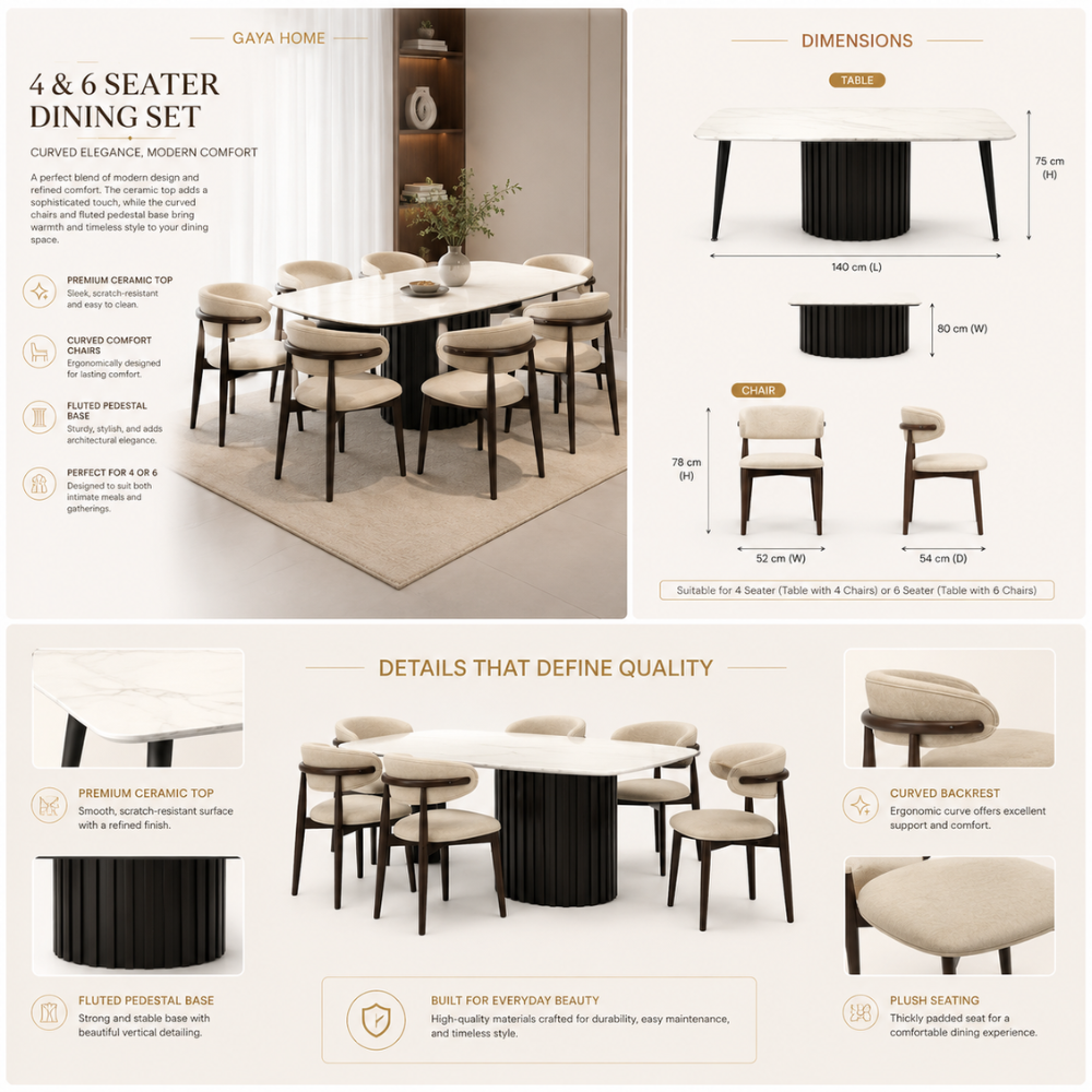 Ovela ceramic dining set features, dimensions and construction details