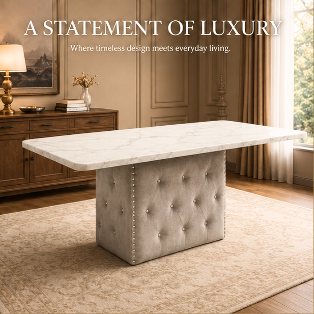 Classic Shell Dining Set | Premium Marble Top & Chesterfield Tufted Pedestal Table
