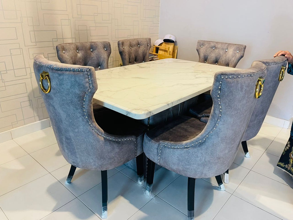 Butterfly marble dining set room setting with velvet chairs