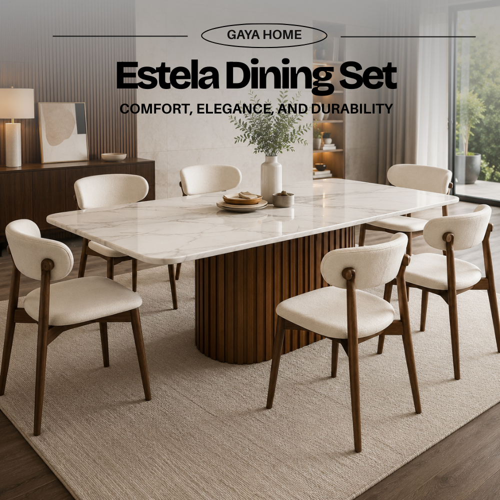 Estela dining set with Poko wooden base marble table and Koda chairs in bright dining room