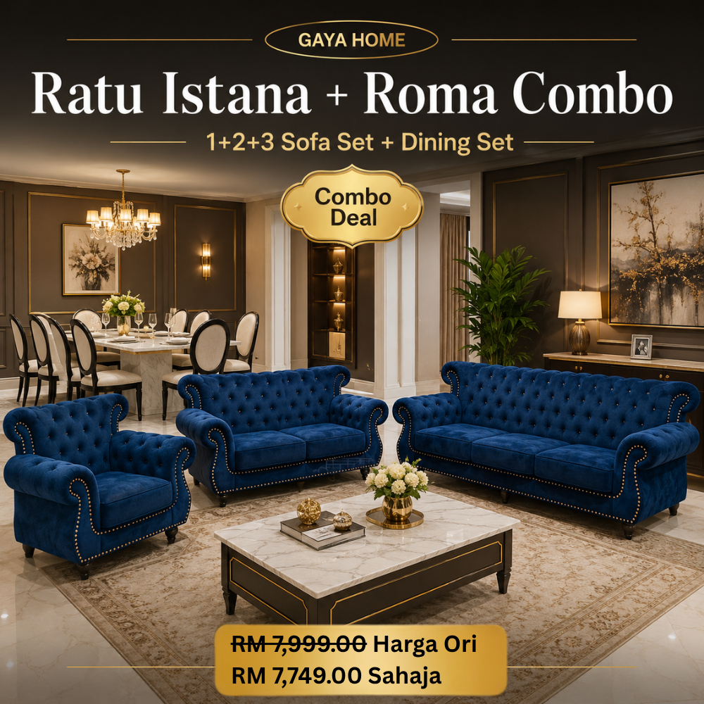 Ratu Istana blue sofa set and Roma dining set combo deal for luxury home interior
