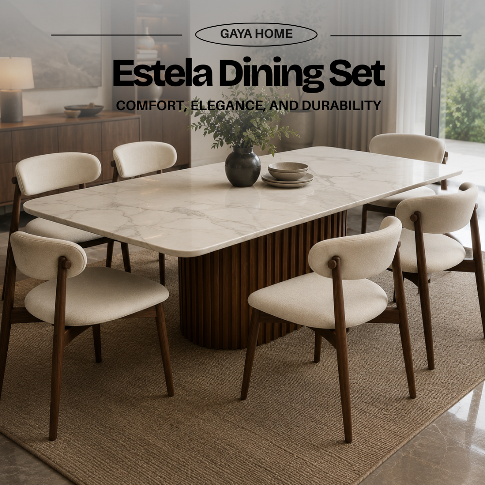 Estela dining set close view with cream Koda dining chairs and marble table