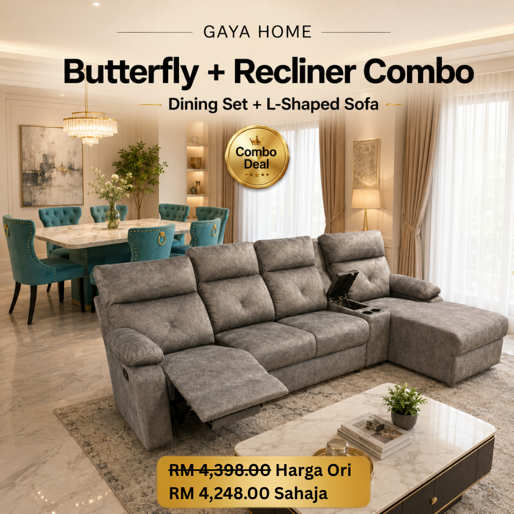 Classic dining set and Easy L shape sofa combo deal with light grey sofa