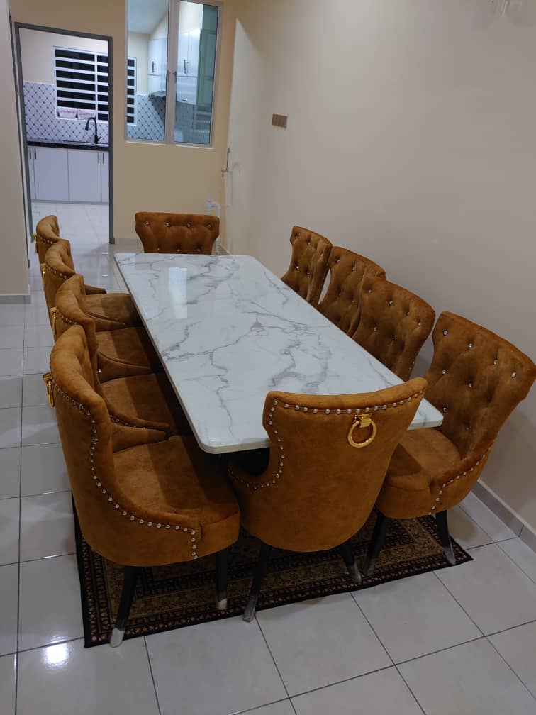 Butterfly marble dining set angled view in dining room