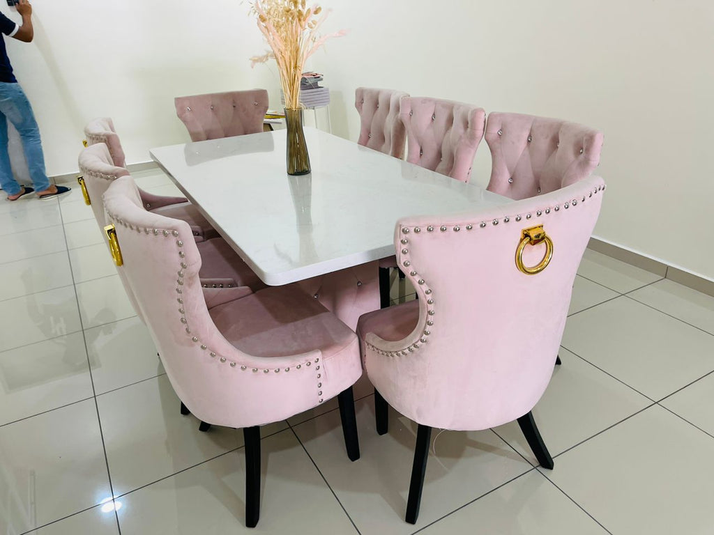 Light pink Butterfly marble dining set with six velvet chairs