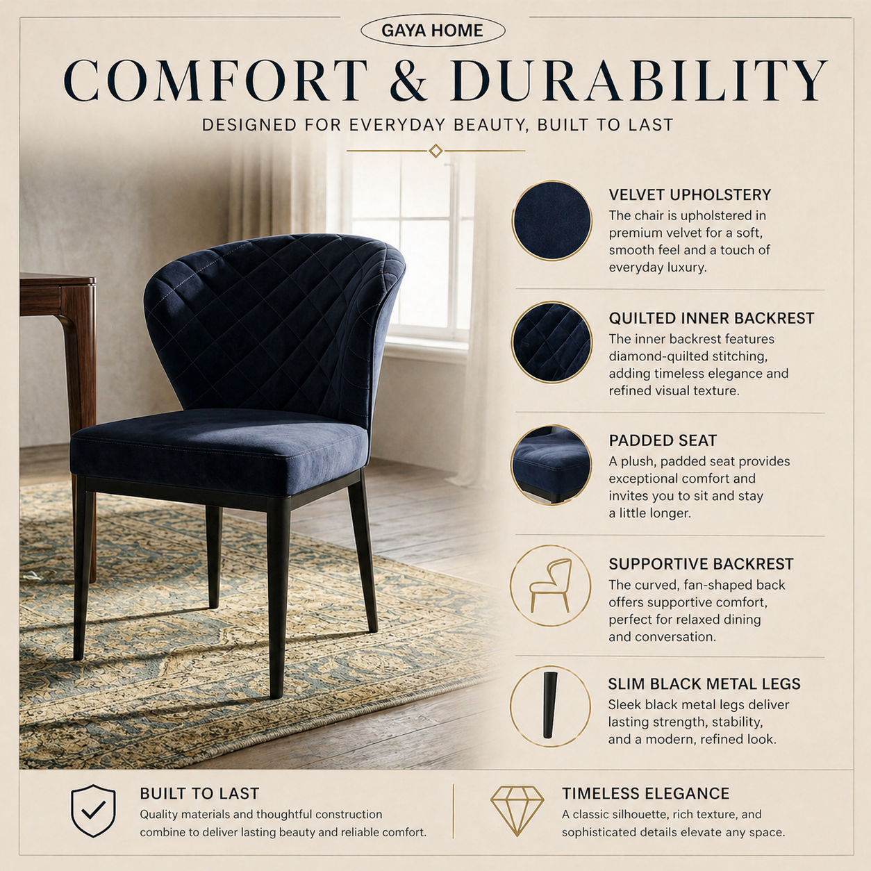 Diva Quilted Velvet Dining Chair (C235)