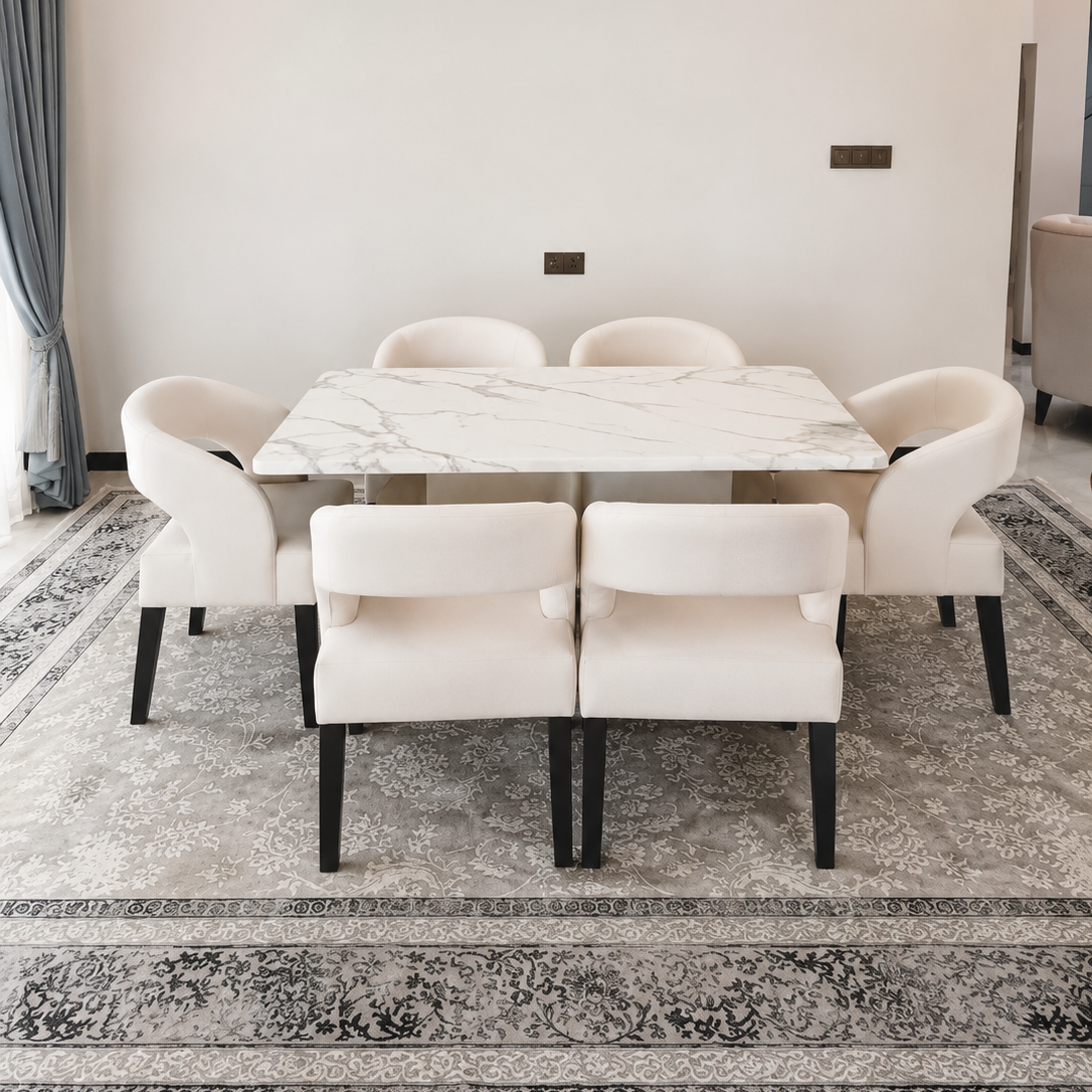 The Ren Dining Set (ST15) | Designer Round Marble Table & Sculptural Cut-Out Chairs