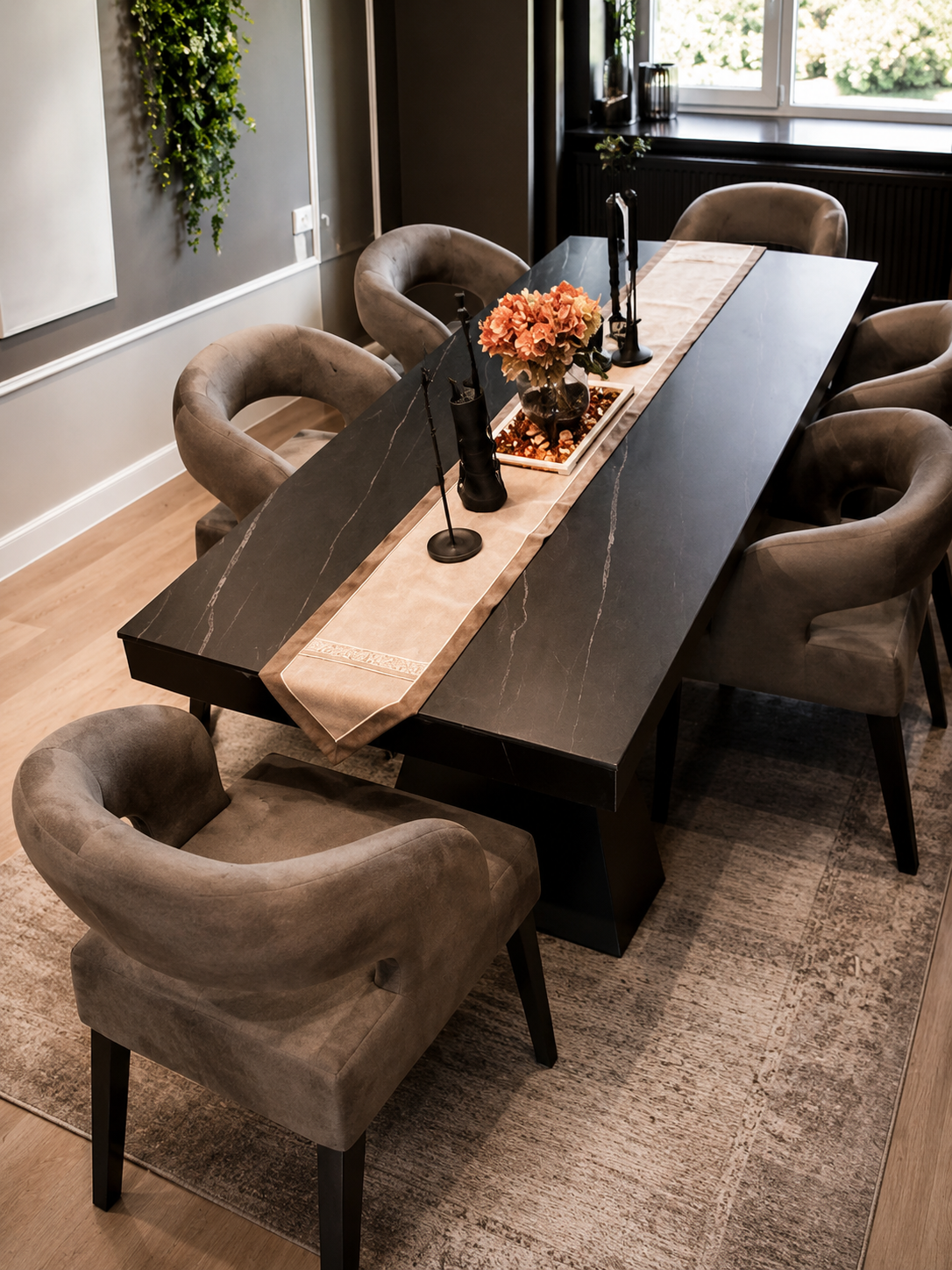 The Ren Dining Set (ST15) | Designer Round Marble Table & Sculptural Cut-Out Chairs