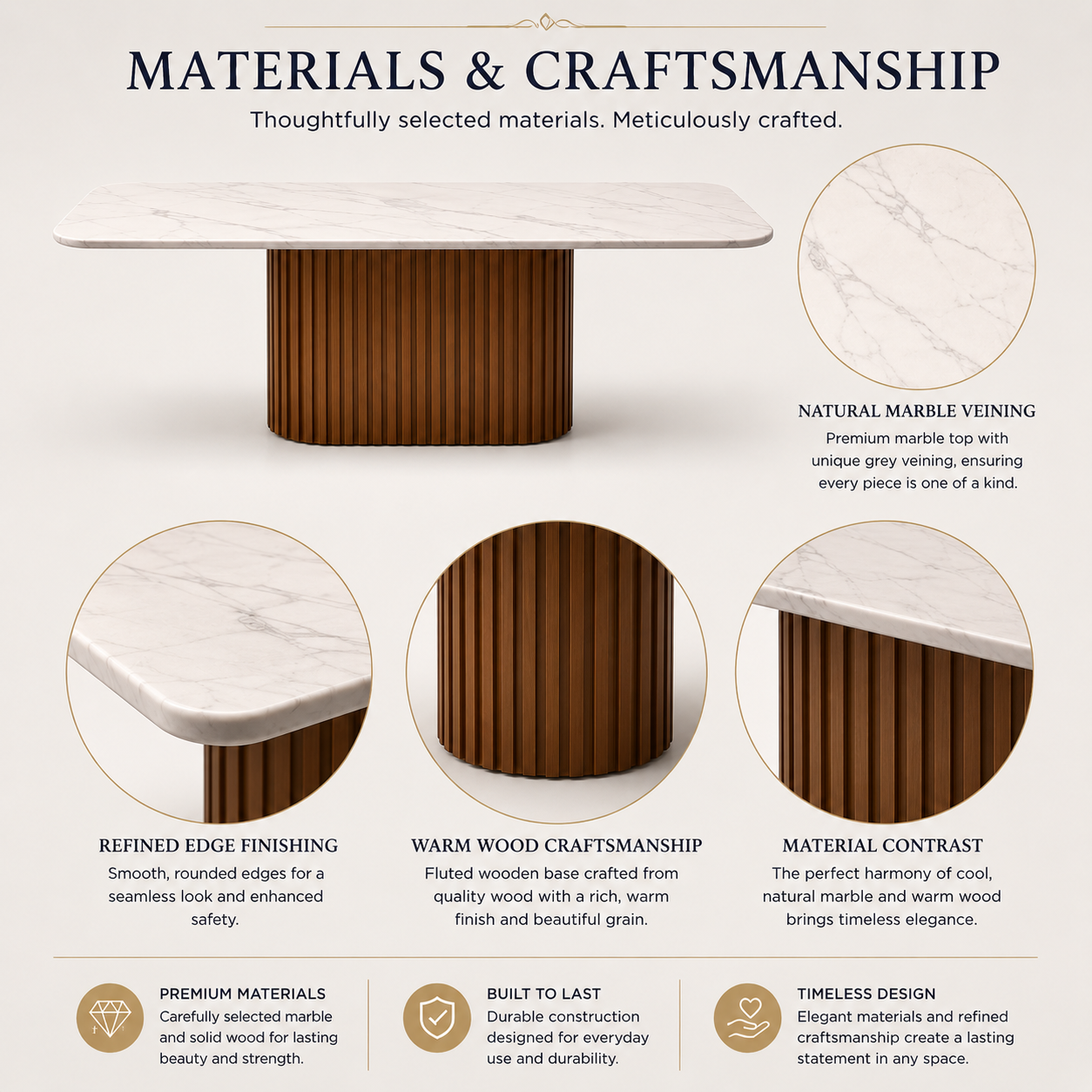 Poko Wooden Based Marble Table (Ellipse-2401)
