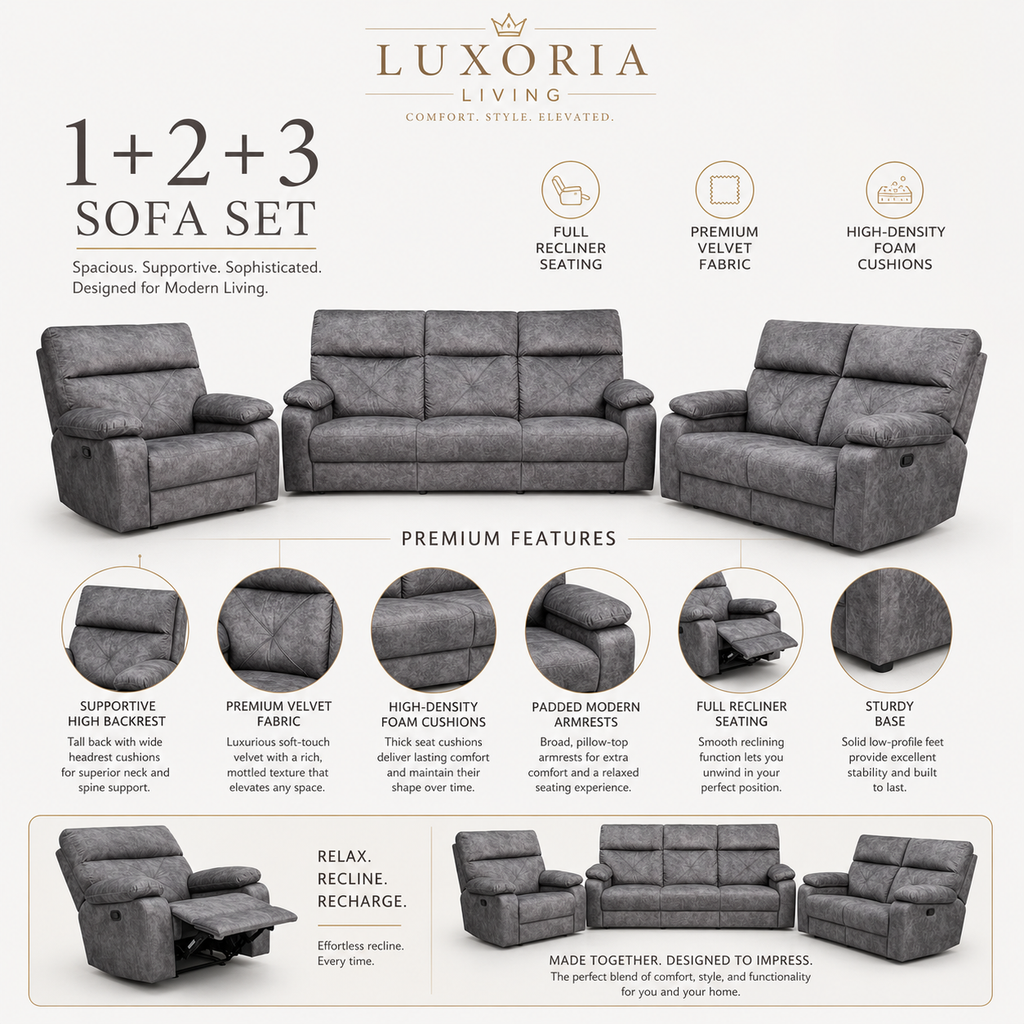 The Arlo Series | Premium 1+2+3 Seater Sofa Set with Single Master Recliner (2206)