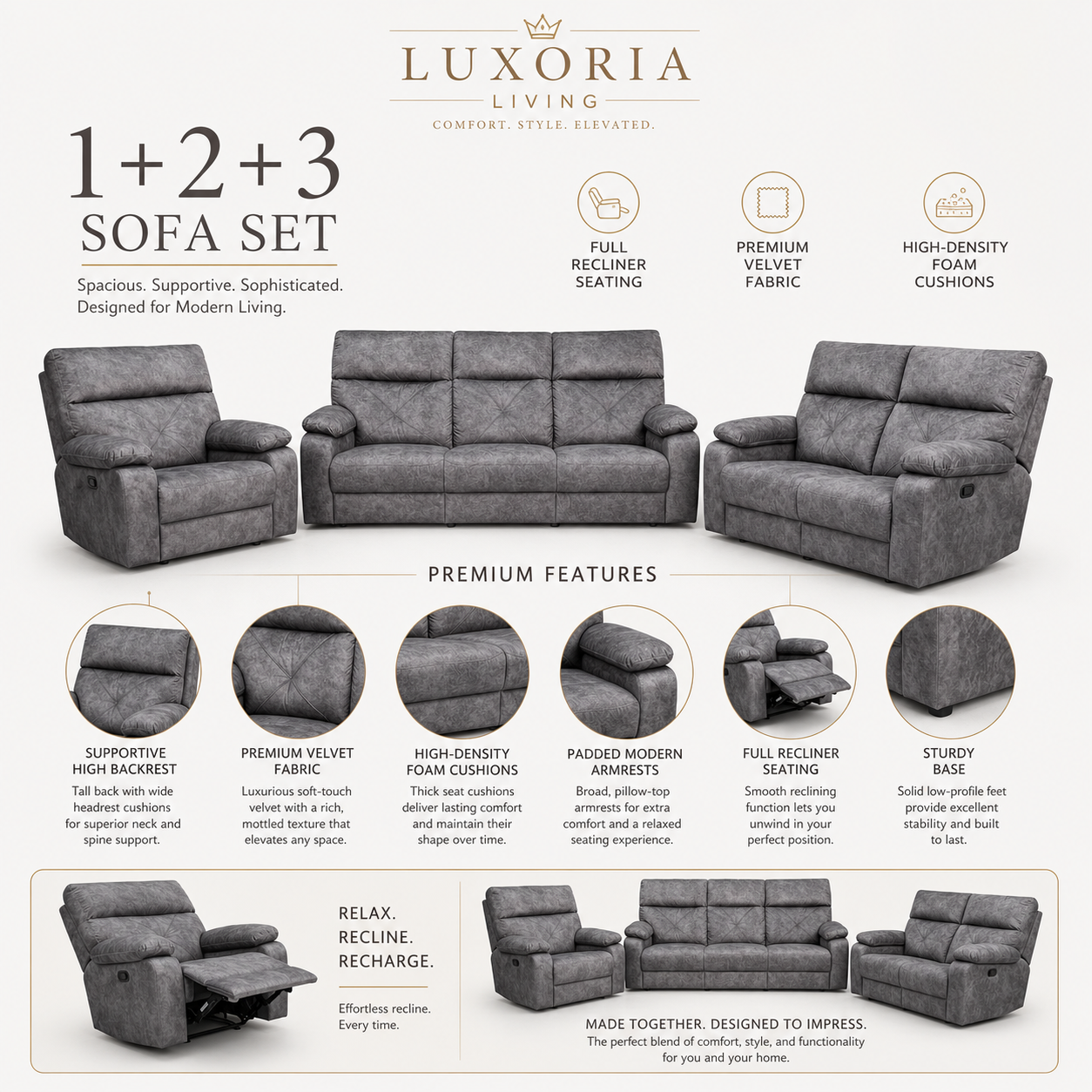 The Arlo Series | Premium 1+2+3 Seater Sofa Set with Single Master Recliner (2206)