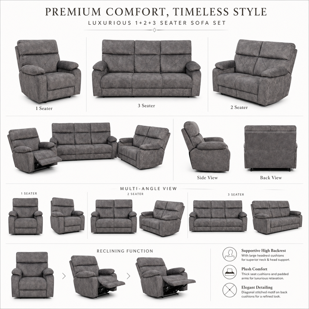 The Arlo Series | Premium 1+2+3 Seater Sofa Set with Single Master Recliner (2206)