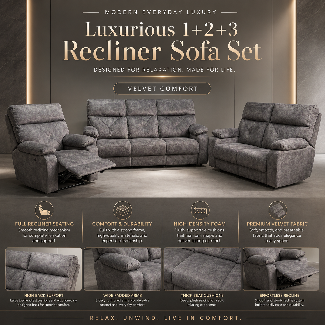 The Arlo Series | Premium 1+2+3 Seater Sofa Set with Single Master Recliner (2206)