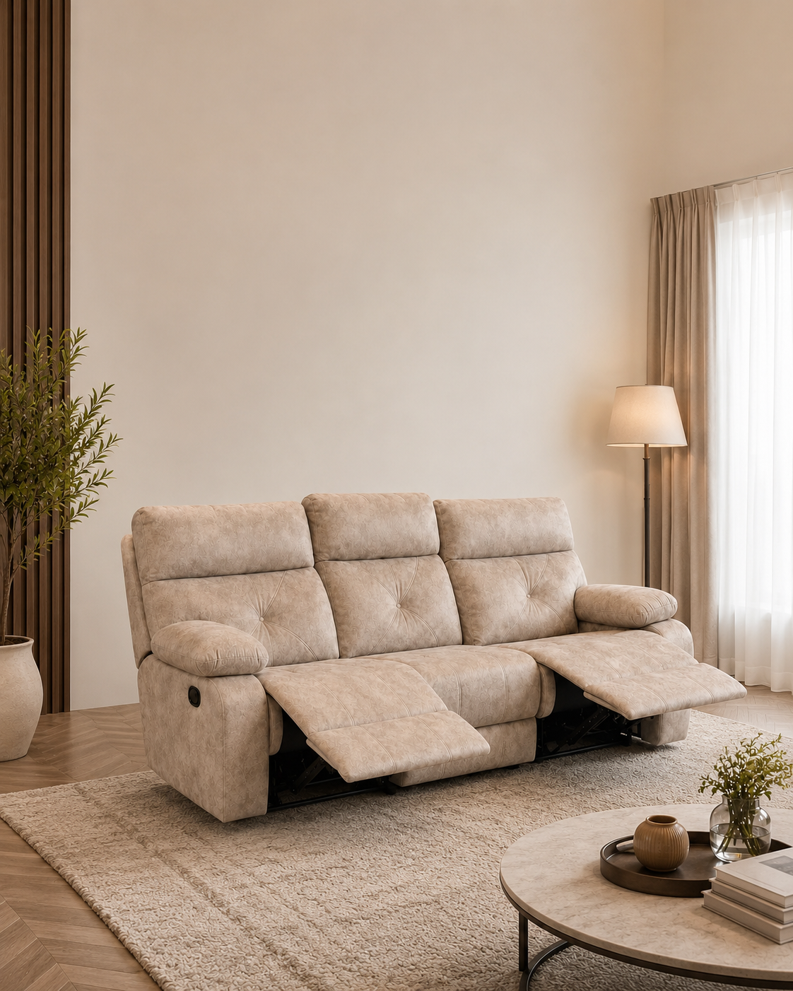A beige upholstered reclining sofa with two seats extended, shown in a softly lit living room with a rug, floor lamp, curtains, and a round coffee table.