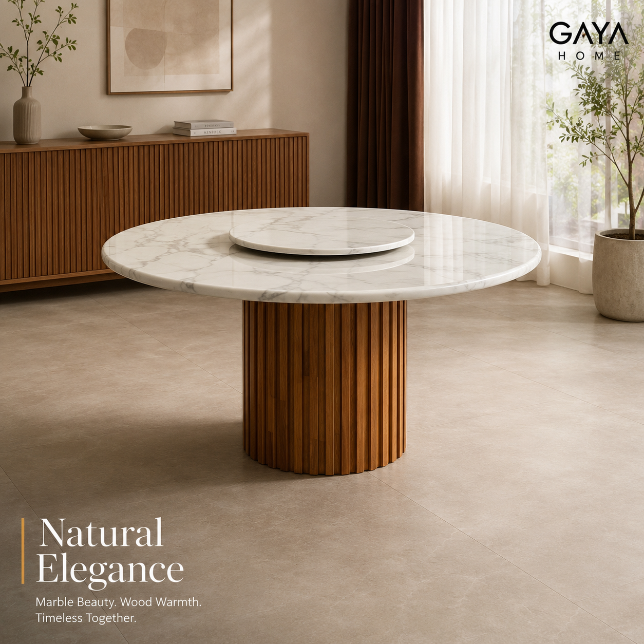 Siena round marble dining table with fluted wood base in a warm contemporary interior