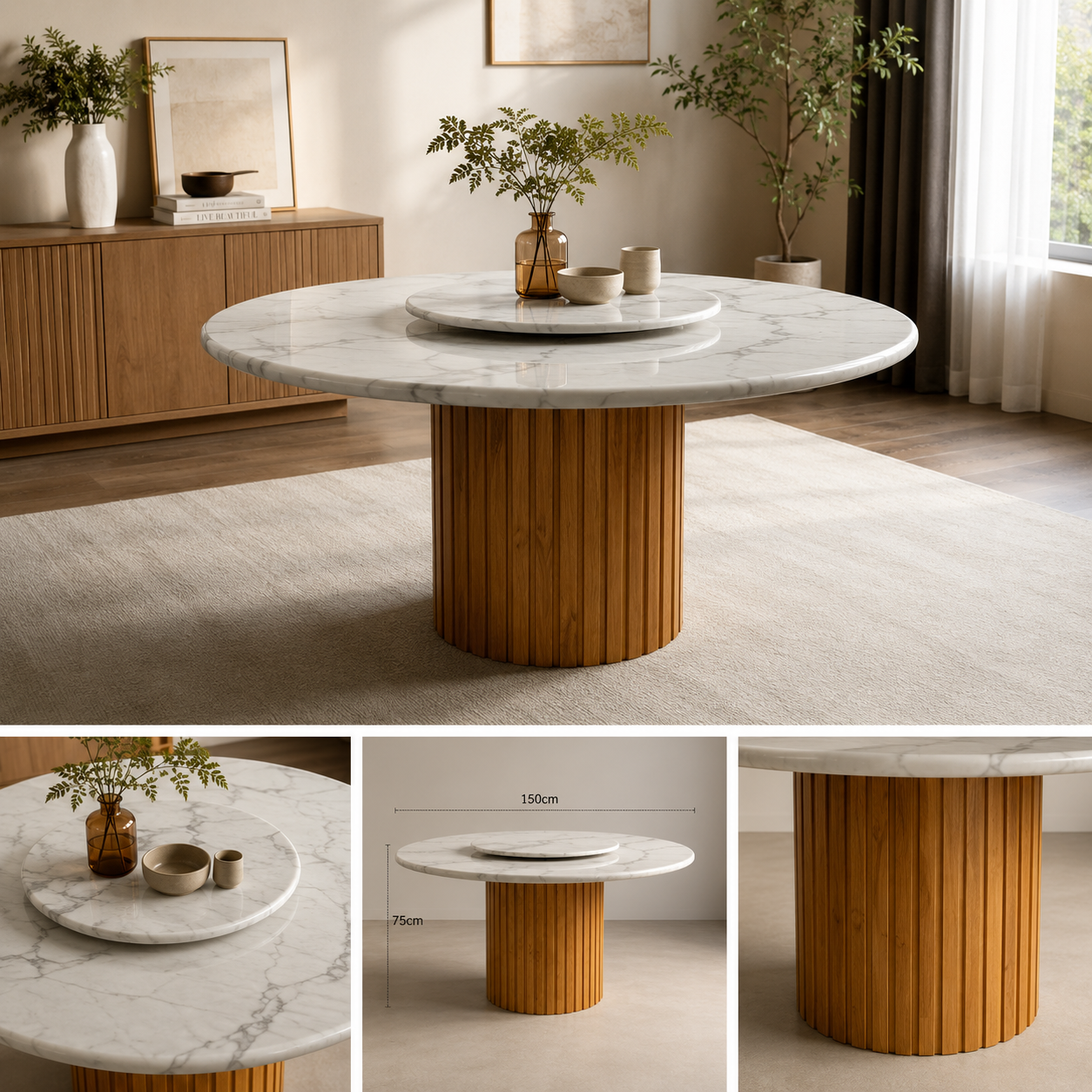 Siena marble dining table with lazy Susan and 150cm dimension guide