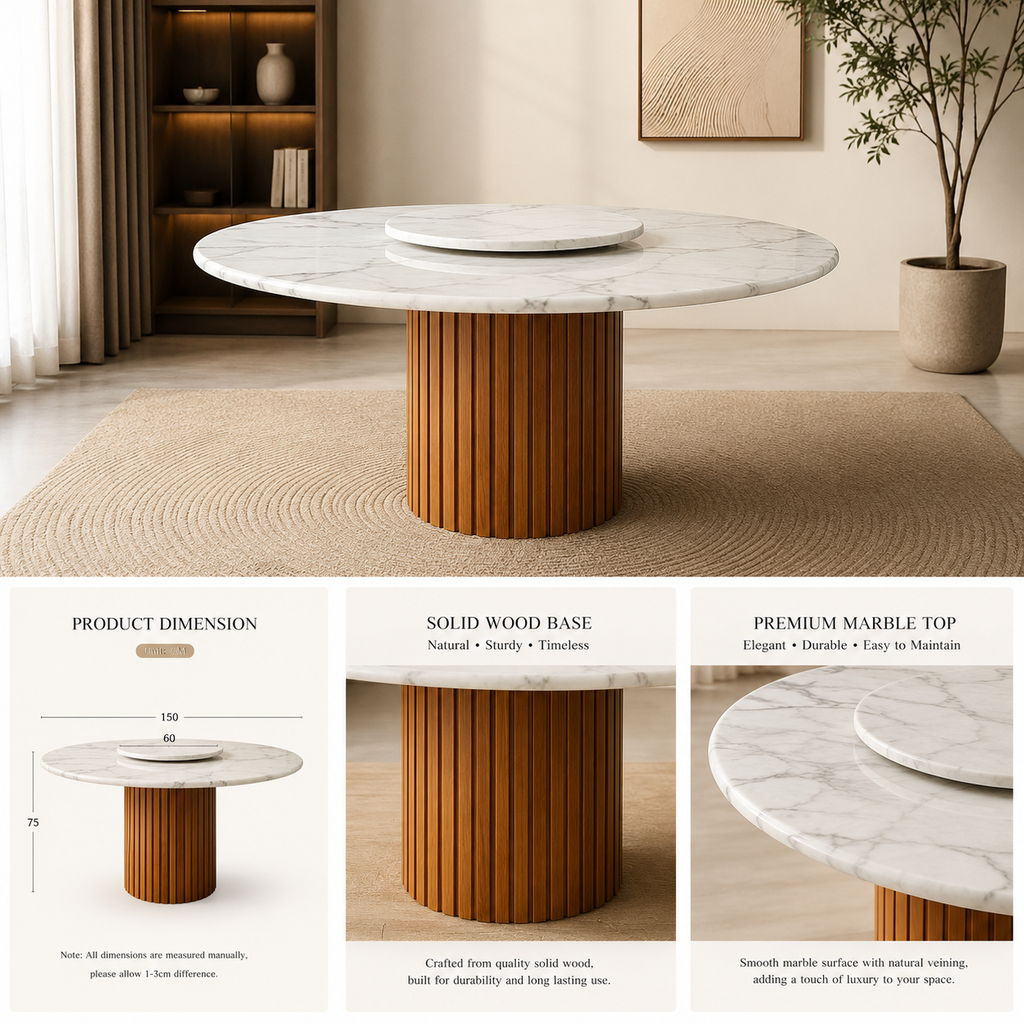 Siena round dining table dimensions, marble top and fluted wood base feature guide