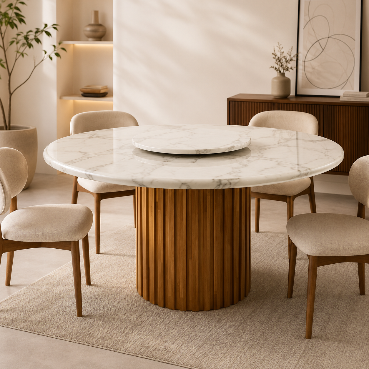 Siena round marble dining table styled with upholstered dining chairs