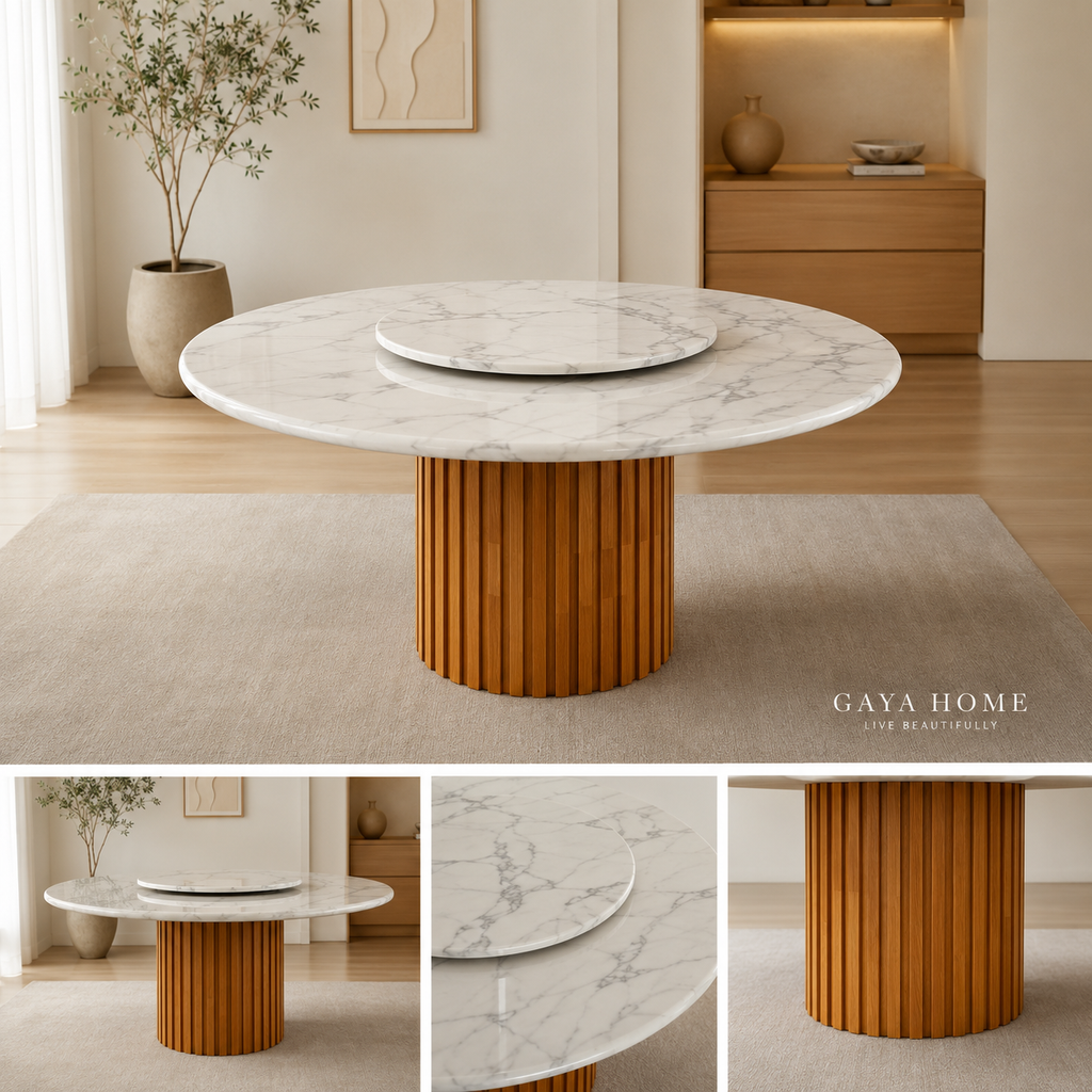 Siena round marble dining table full view with tabletop and fluted pedestal details