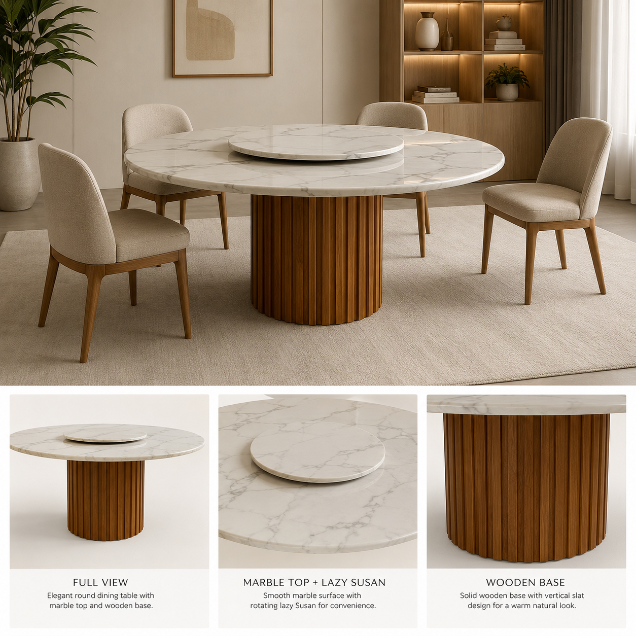 Siena dining table feature guide showing its marble lazy Susan and fluted wooden base