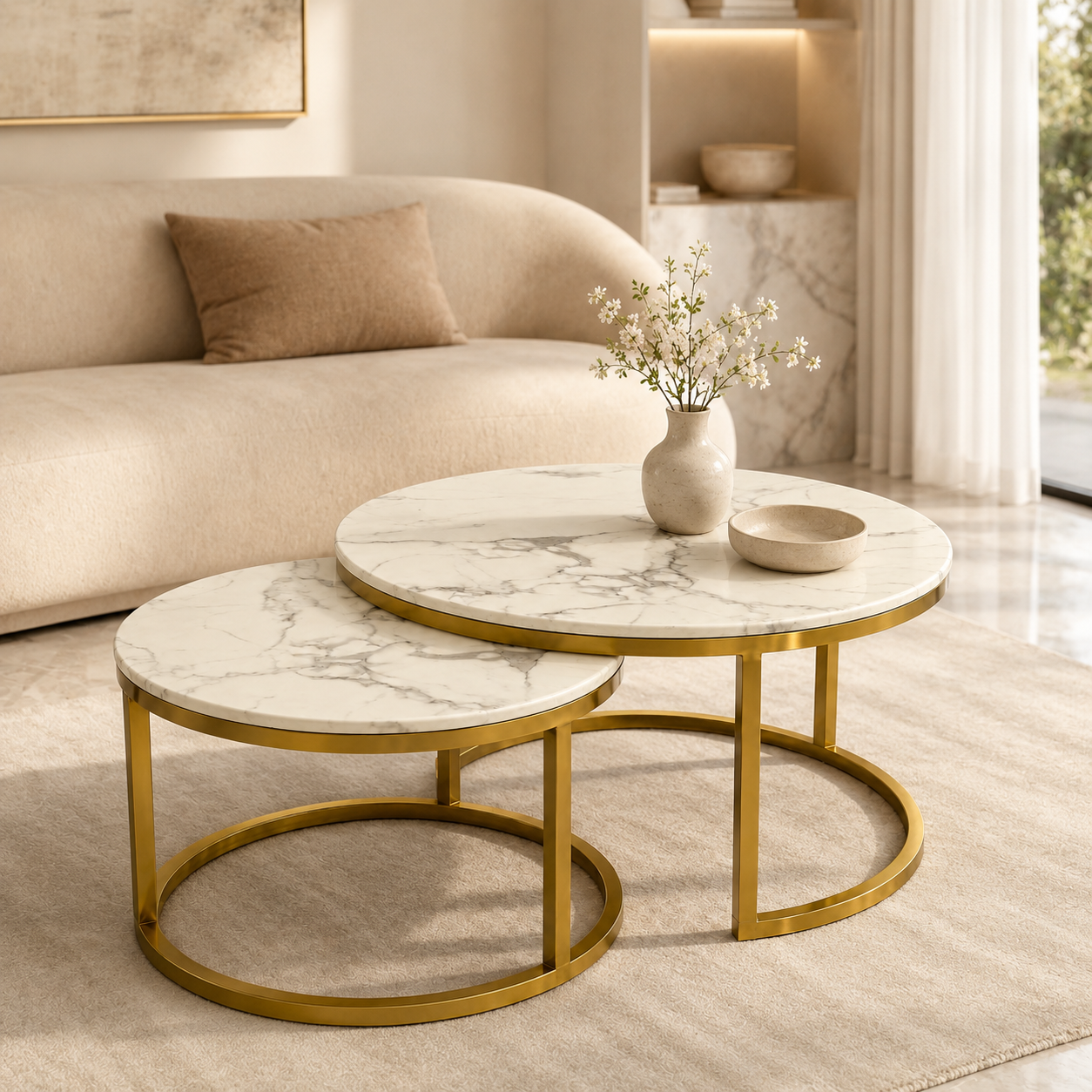 Aurelia 2-piece marble-top nesting coffee table set with gold chrome legs in a modern living room