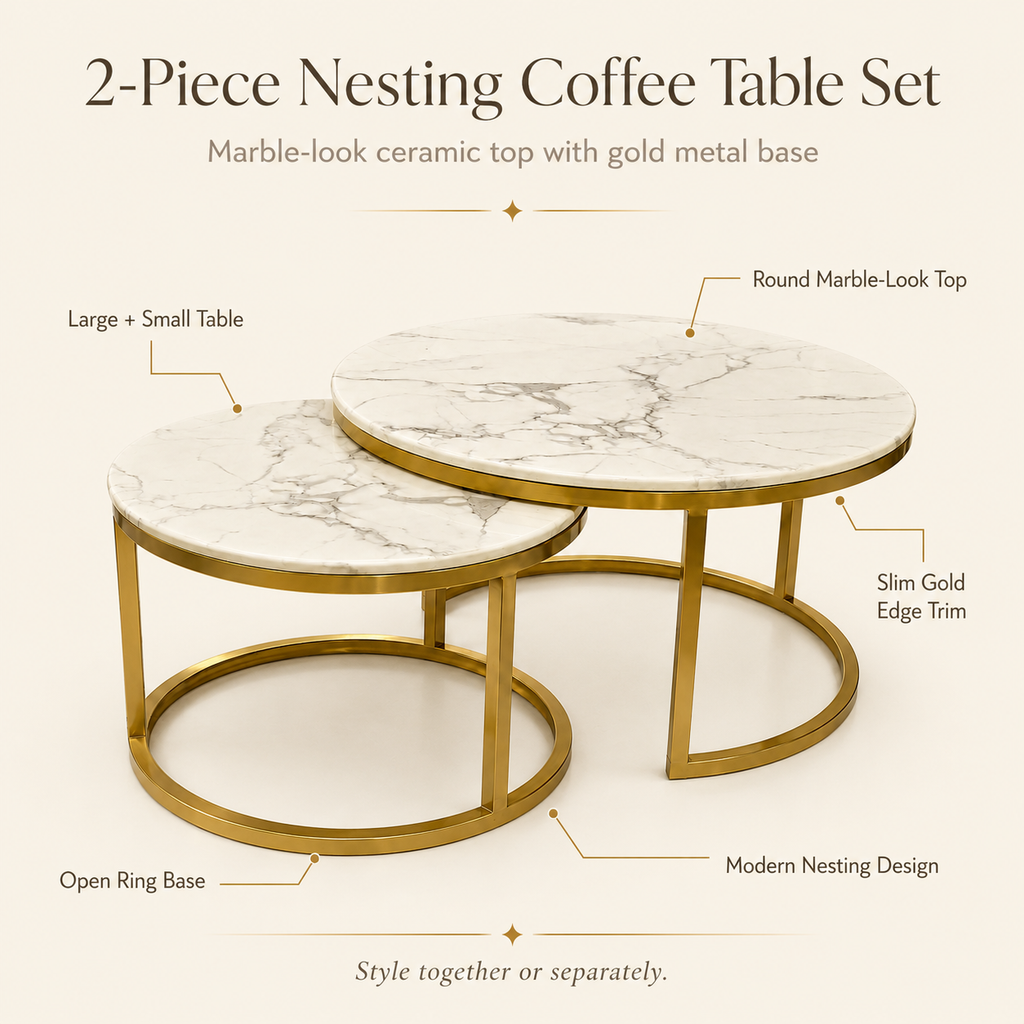 Aurelia nesting coffee table set showing large and small round marble-top tables