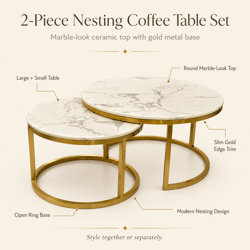 Aurelia nesting coffee table set showing large and small round marble-top tables