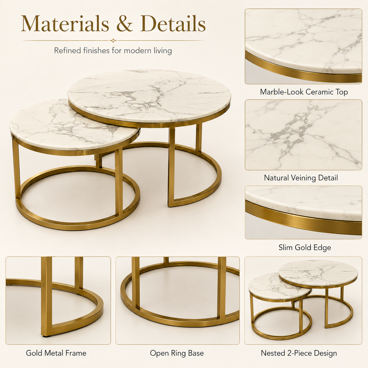 Aurelia coffee table set marble top, slim gold chrome edge and open ring base details
