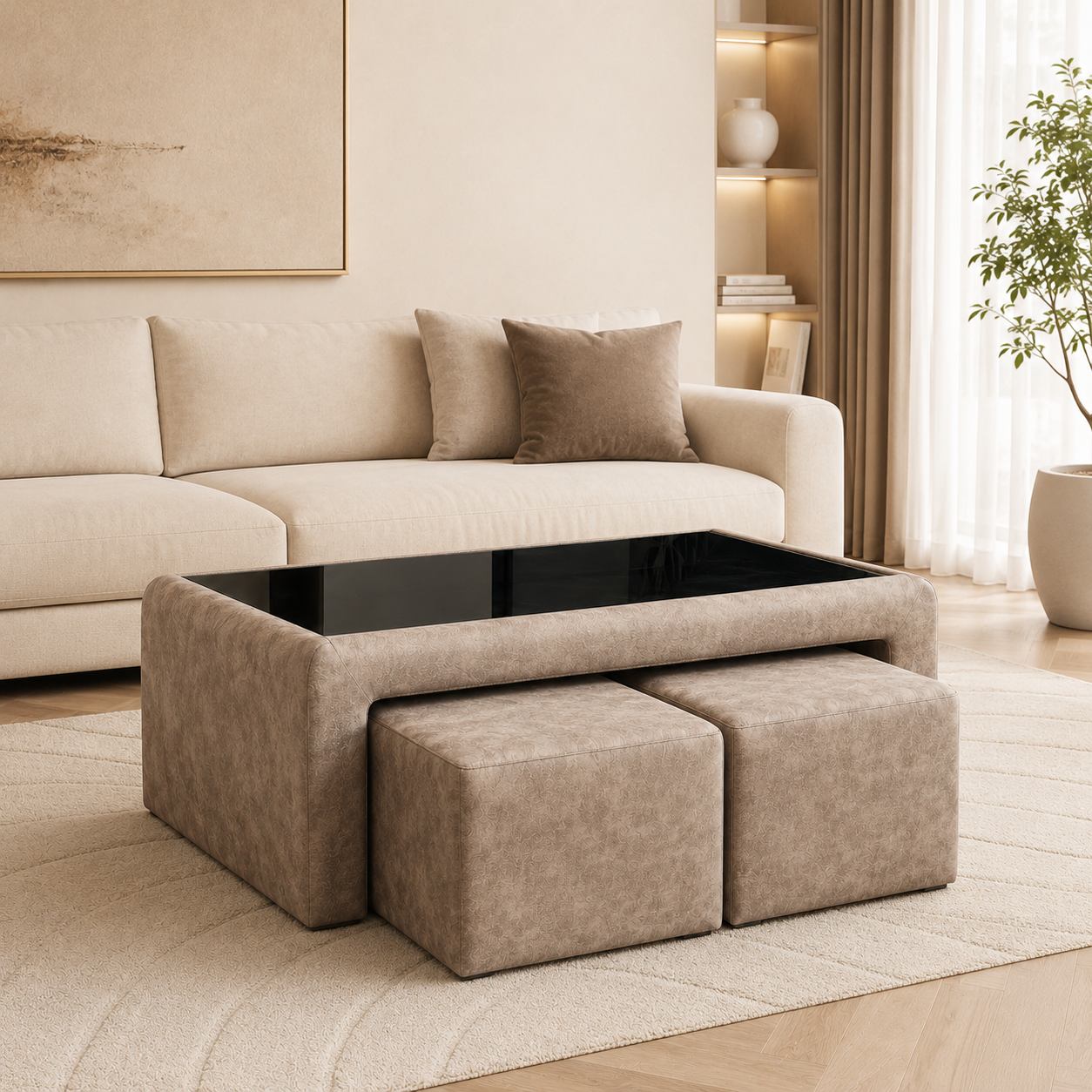 Cozy Duo upholstered coffee table with two hidden stools and black glass top in a modern living room