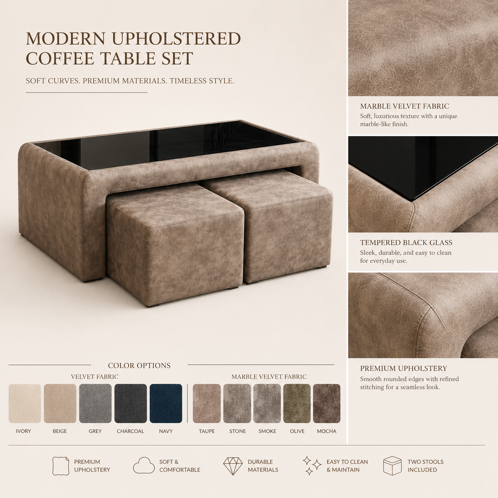 Cozy Duo coffee table details showing upholstered body, black glass top and fabric colour options