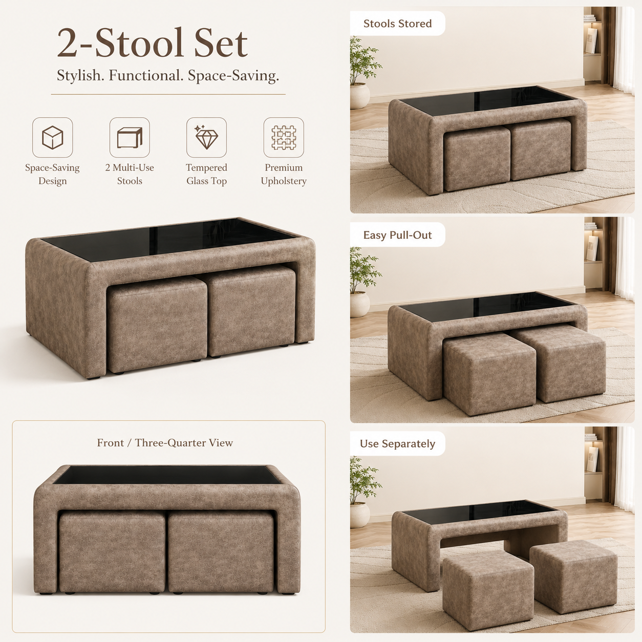 Cozy Duo 2-stool coffee table set showing stools stored under the table and pulled out separately
