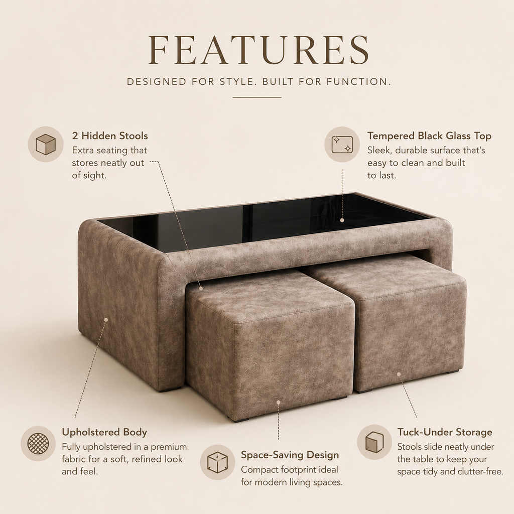 Cozy Duo coffee table feature view with two hidden stools, upholstered body and tempered black glass top