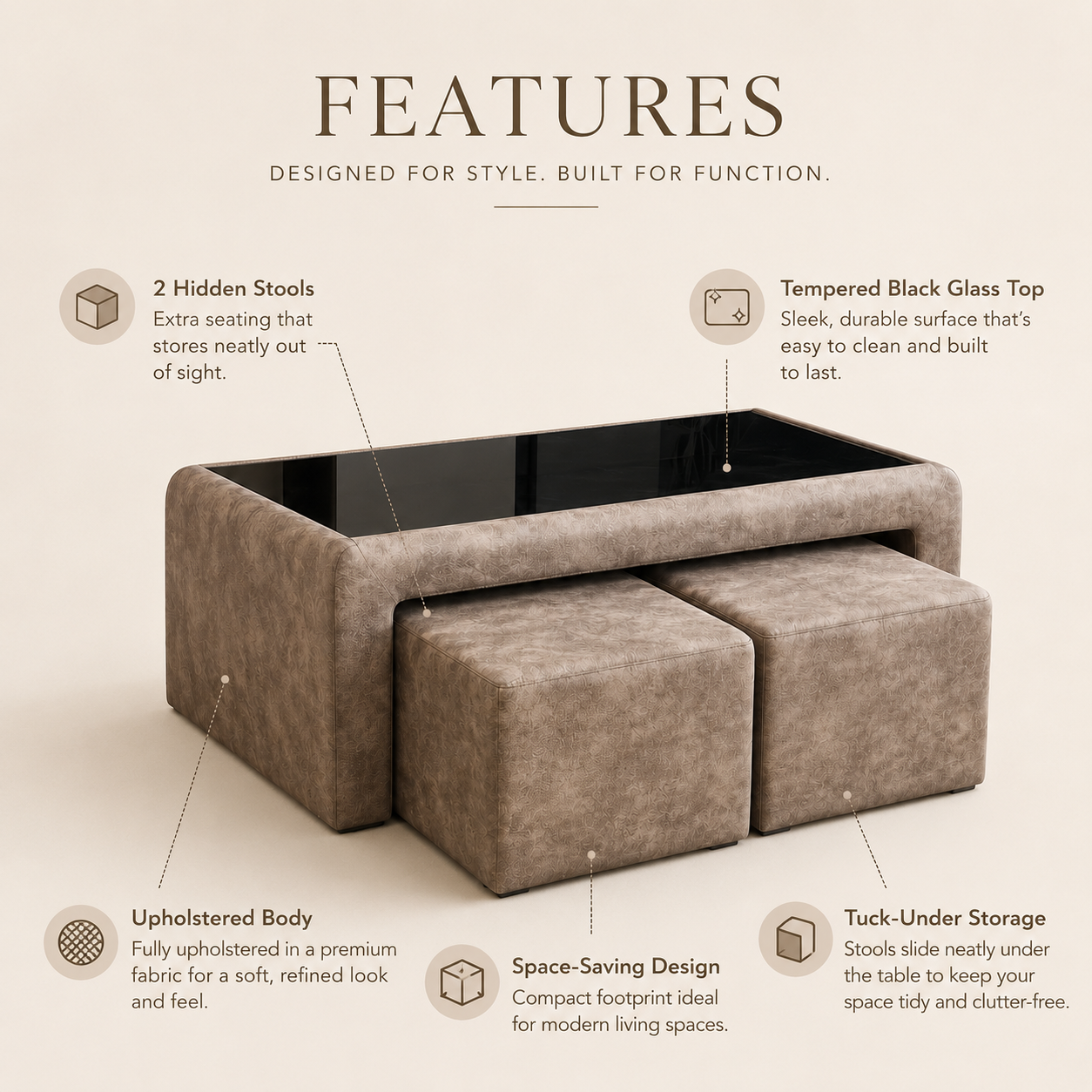 Cozy Duo coffee table feature view with two hidden stools, upholstered body and tempered black glass top