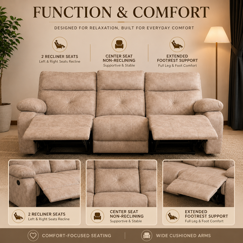 Arlo 3-seater recliner sofa front view showing dual reclining seats and extended footrests