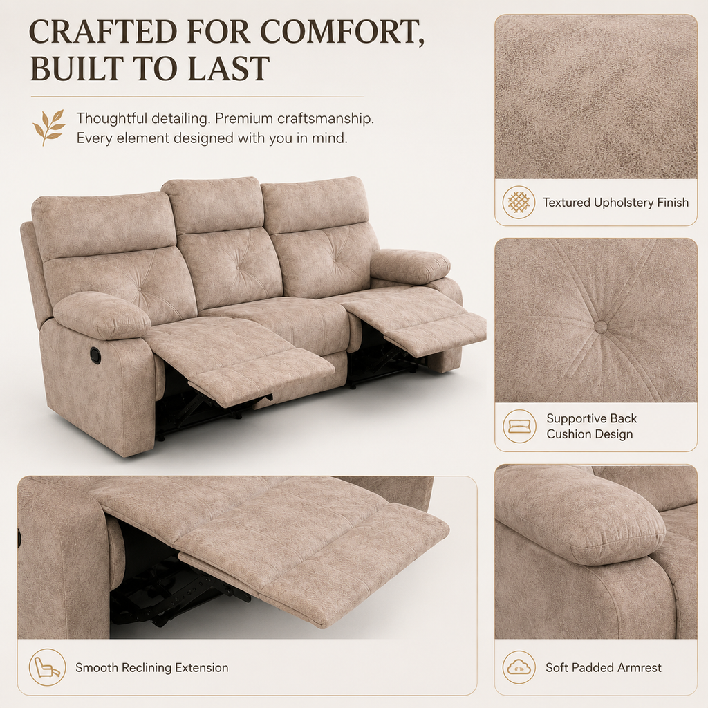 Arlo recliner sofa textured upholstery, supportive back cushions and padded armrest detail